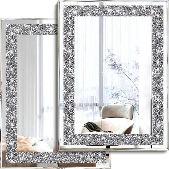 Modern 2-Piece Wall Mirrors with Crush Diamond Accents for Living Spaces